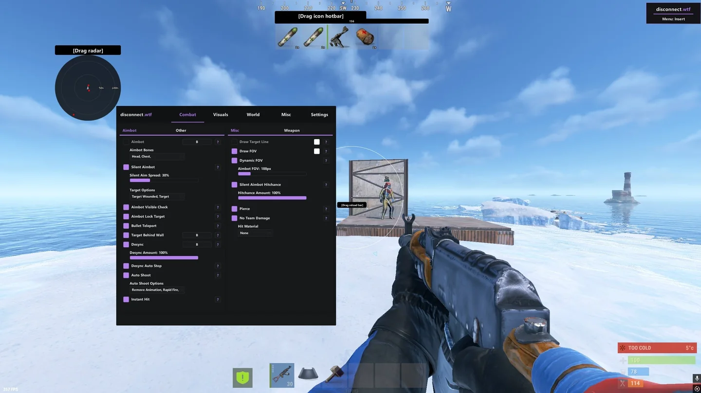 Rust aimbot targeting, FOV and weapon controls shown in gameplay